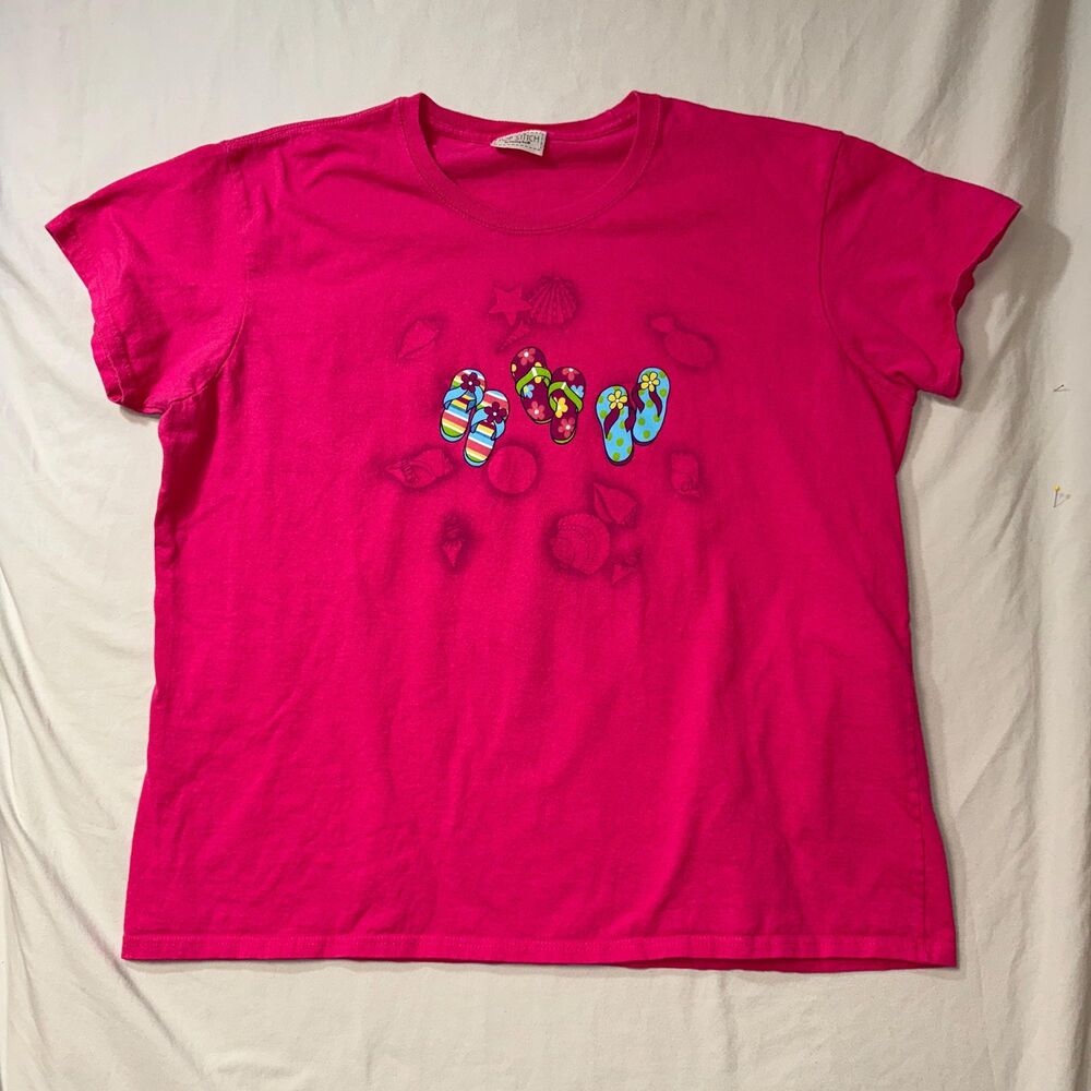 Flip Flop Sea Shells Shirt Pink Womens Large Graphic Tee Casual Beach Summer Top - Picture 1 of 5